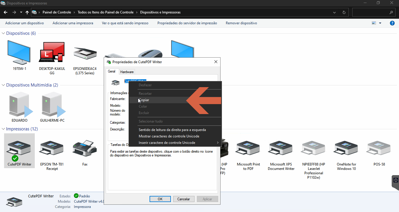 Janela Propriedades de CutePDF Writer com menu de contexto aberto sobre o nome, opção Copiar destacada