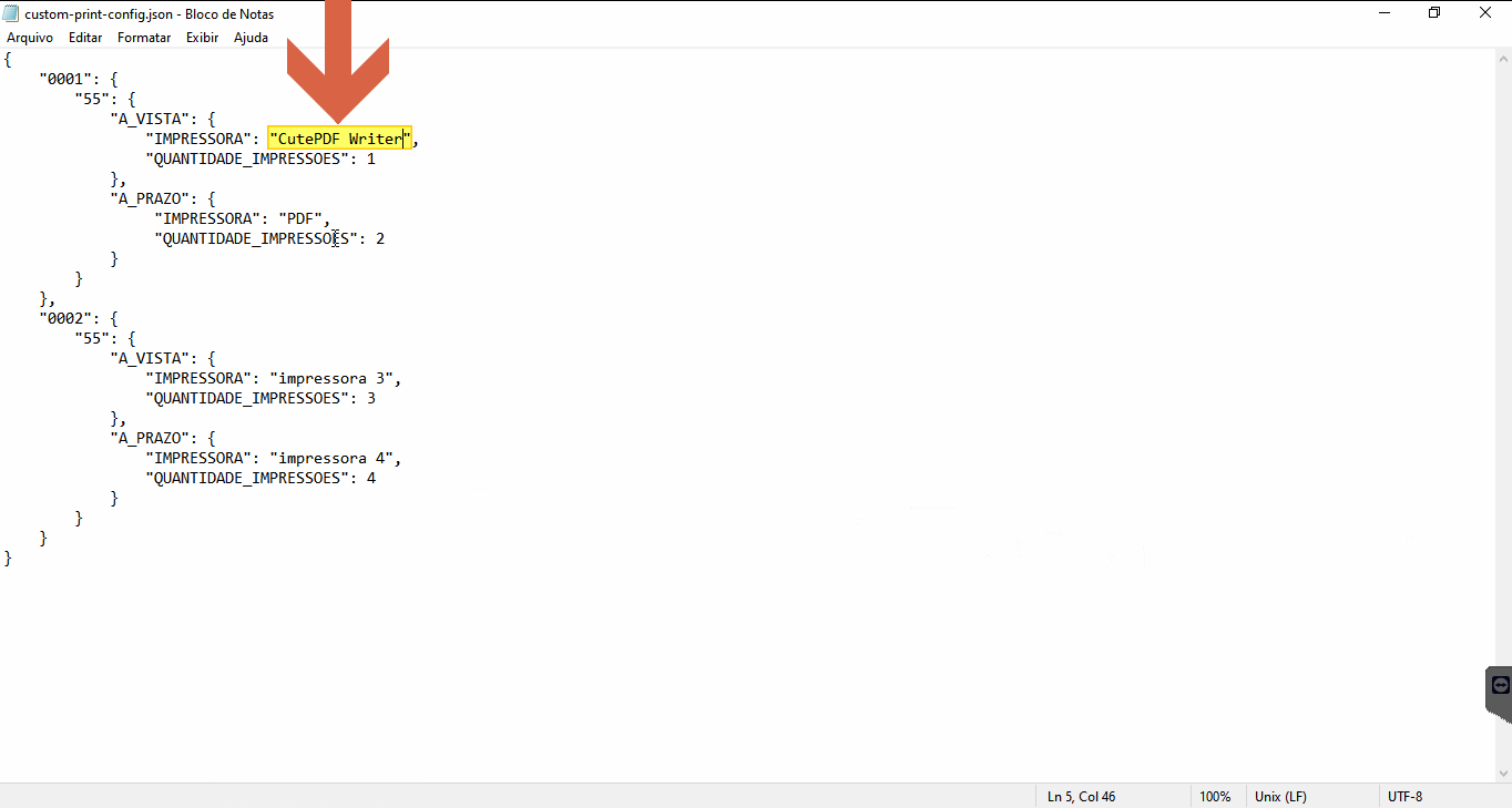 custom-print-config.json com o campo IMPRESSORA do bloco A_VISTA preenchido com "CutePDF Writer" (destacado em amarelo)