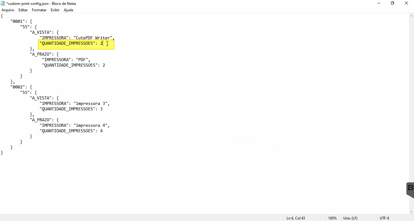 custom-print-config.json com o campo QUANTIDADE_IMPRESSOES do bloco A_VISTA da empresa 0001 destacado em amarelo