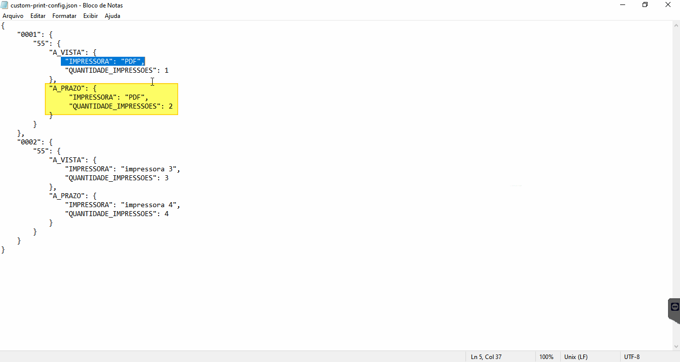 custom-print-config.json com o bloco A_PRAZO da empresa 0001 destacado em amarelo