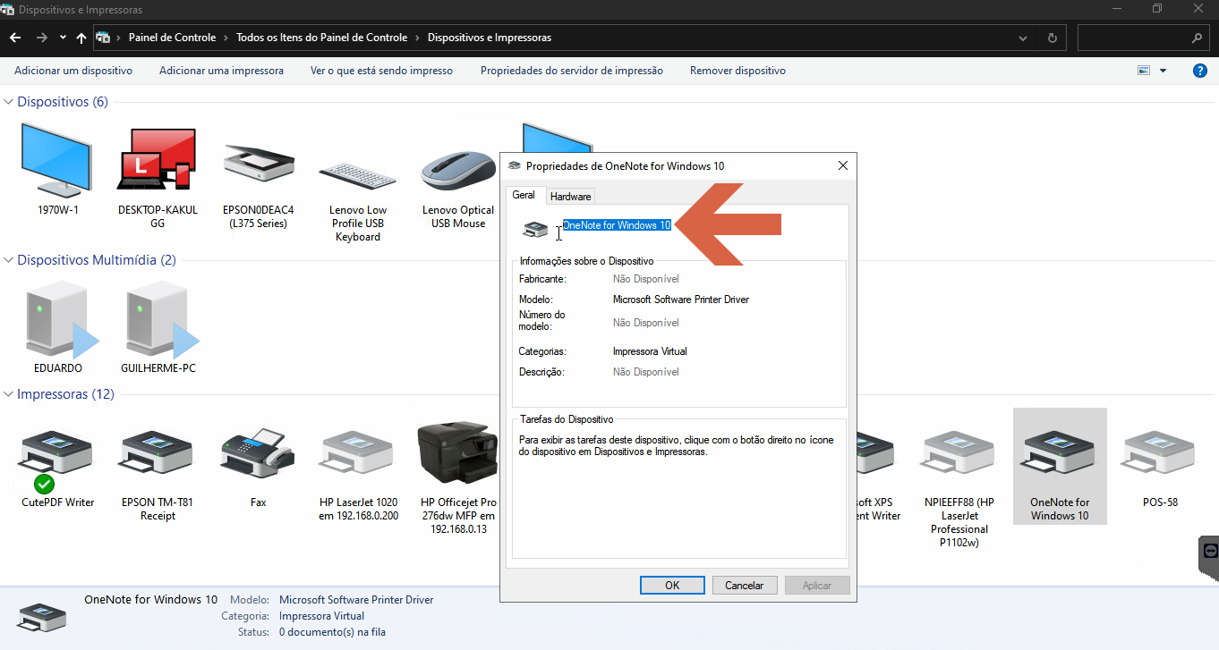 Janela Propriedades de OneNote for Windows 10 com aba Geral aberta e nome da impressora exibido