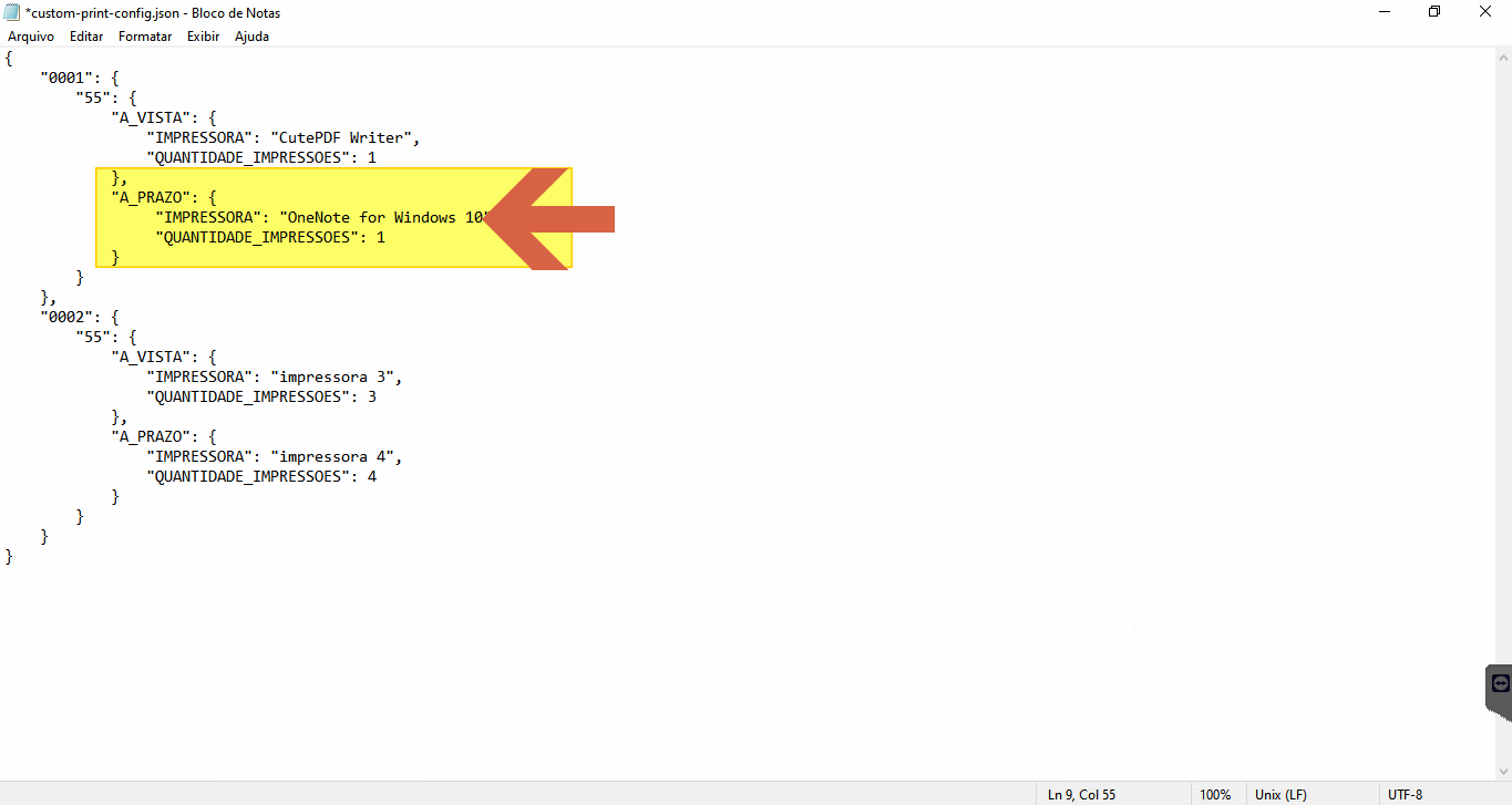 custom-print-config.json com o campo IMPRESSORA do bloco A_PRAZO preenchido com "OneNote for Windows 10" (destacado em amarelo)