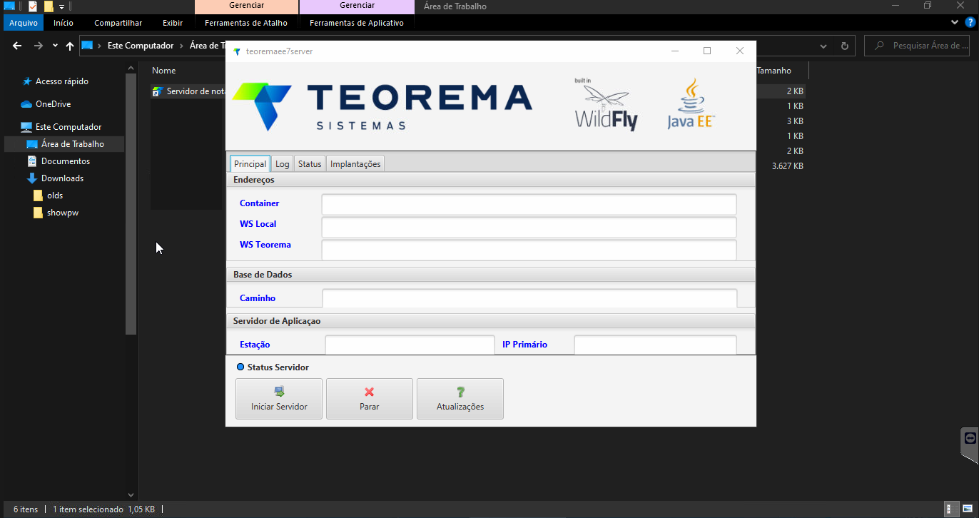 Teoremaee7server com tela Principal exibindo campos de Endereços, Base de Dados e Servidor de Aplicação; status Servidor está Offline
