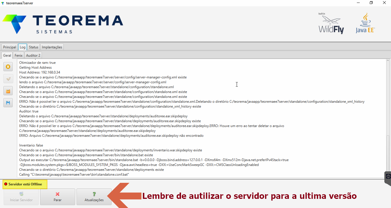 Teoremaee7server exibindo log de inicialização na aba Log com status Servidor está Offline