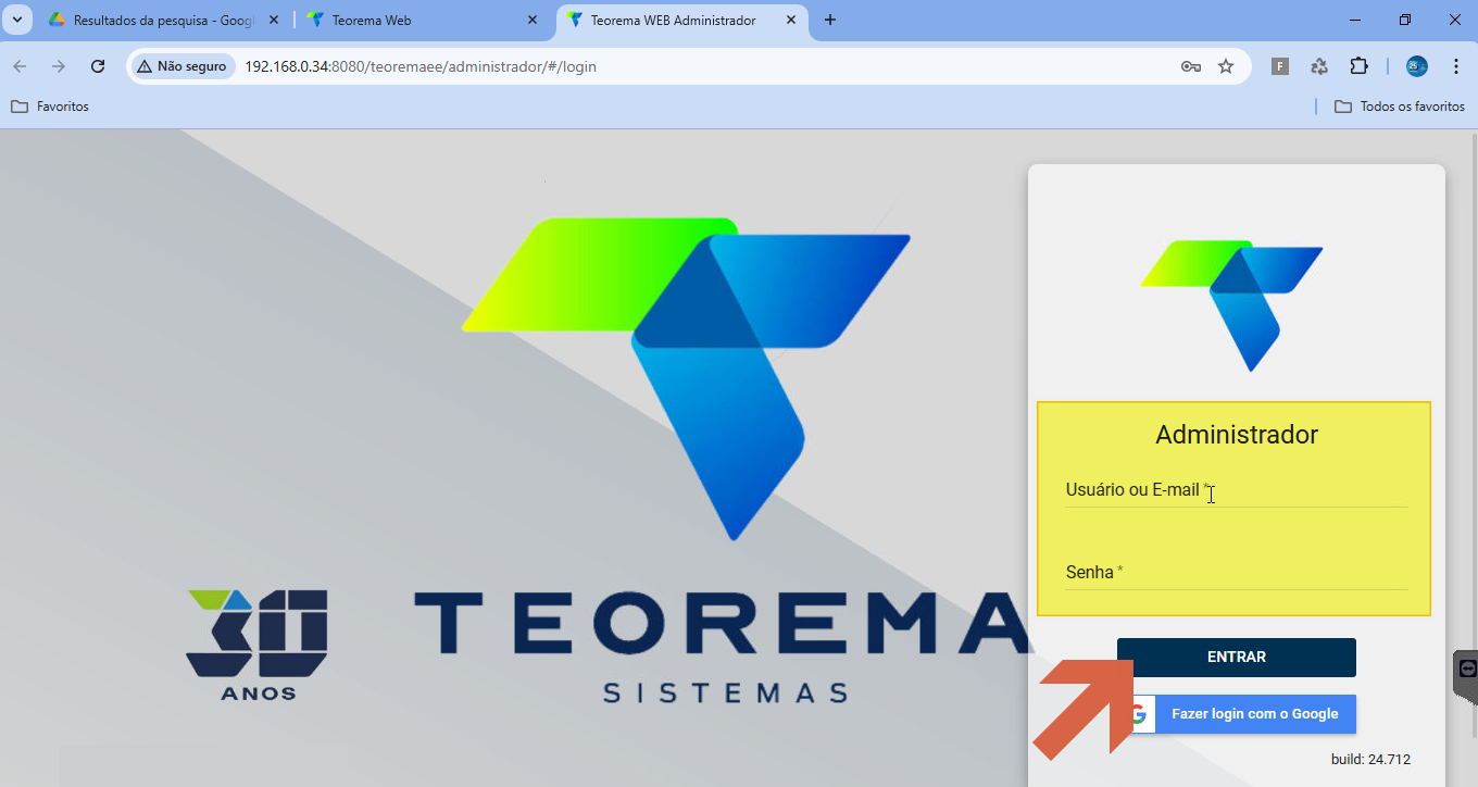 Tela de login do Administrador web com campos Usuário ou E-mail e Senha, e botão ENTRAR