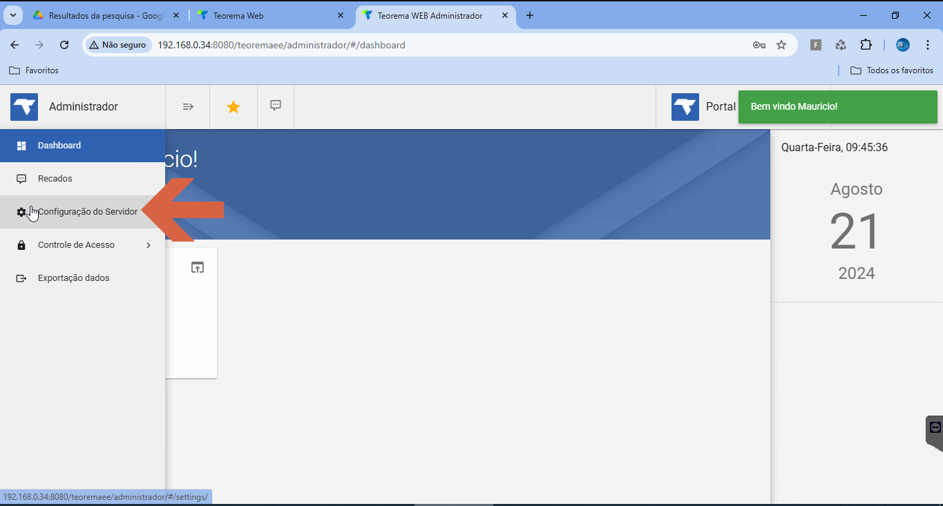 Painel do Administrador web com menu lateral exibindo Dashboard, Recados, Configuração do Servidor, Controle de Acesso e Exportação dados; Configuração do Servidor destacado