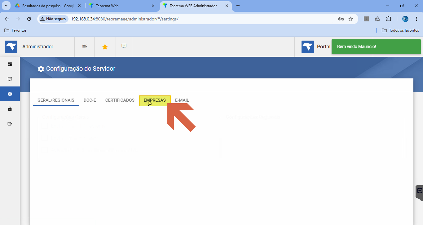 Configuração do Servidor com abas GERAL/REGIONAIS, DOC-E, CERTIFICADOS, EMPRESAS e E-MAIL; aba EMPRESAS destacada