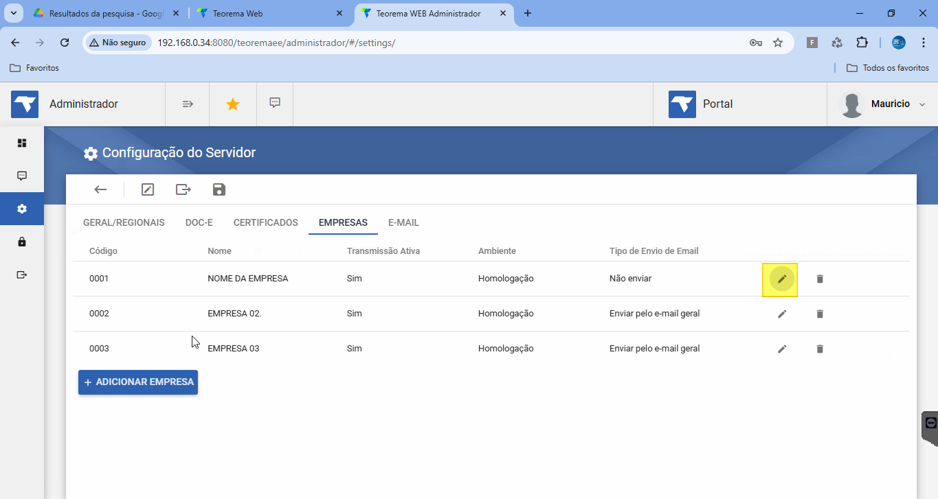 Configuração do Servidor na aba EMPRESAS com lista de empresas 0001 NOME DA EMPRESA, 0002 EMPRESA 02 e 0003 EMPRESA 03; botão Editar (lápis) da empresa 0001 destacado