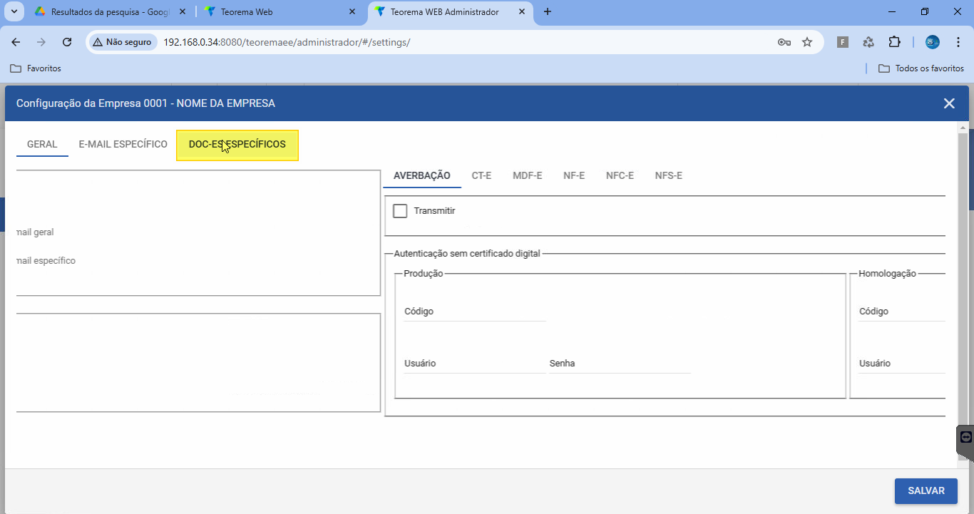 Configuração da Empresa 0001 com abas GERAL, E-MAIL ESPECÍFICO e DOC-ES ESPECÍFICOS; aba DOC-ES ESPECÍFICOS destacada
