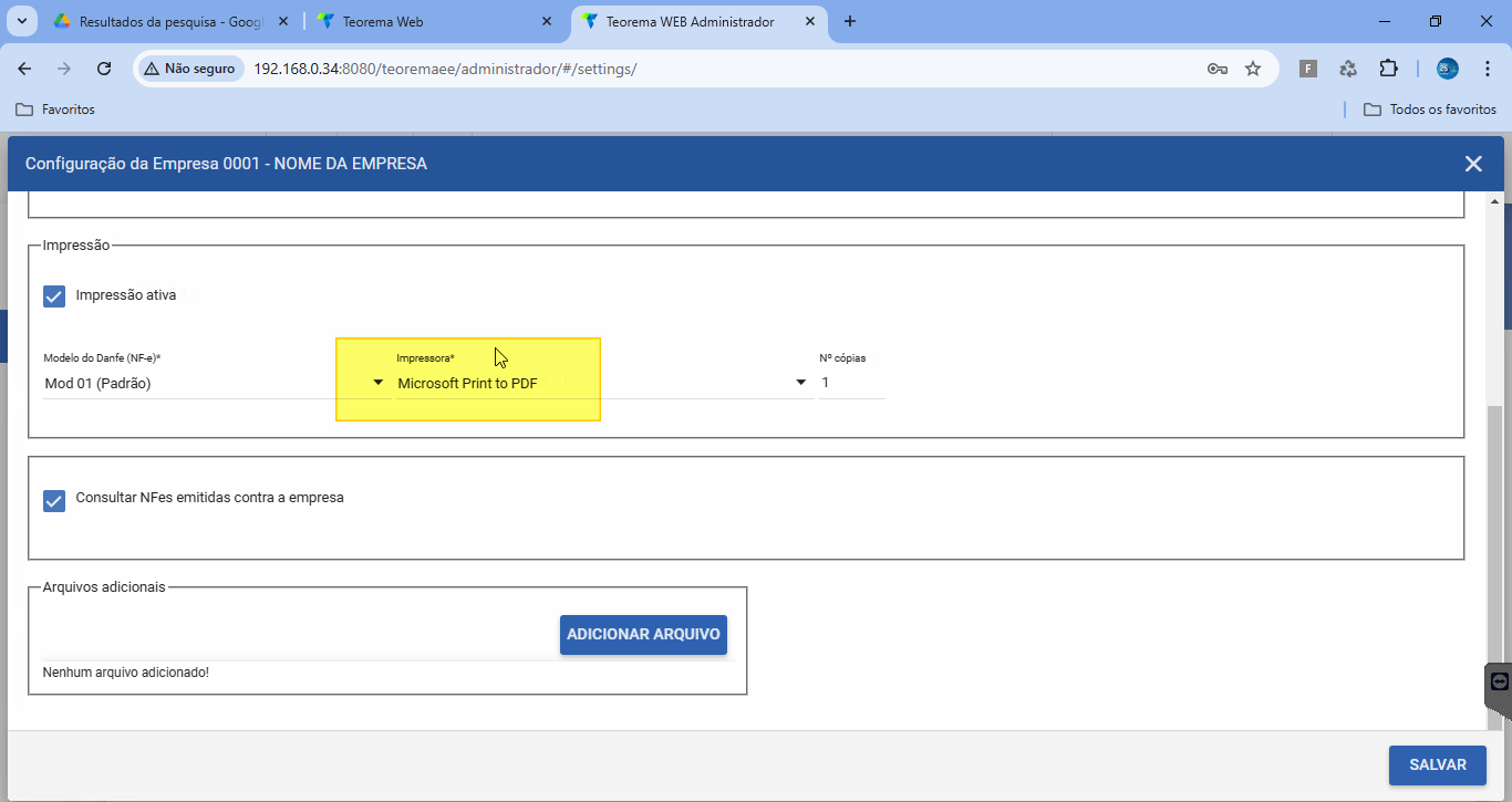 NF-E na aba DOC-ES ESPECÍFICOS mostrando seção Impressão com campo Impressora exibindo Microsoft Print to PDF (destacado em amarelo)