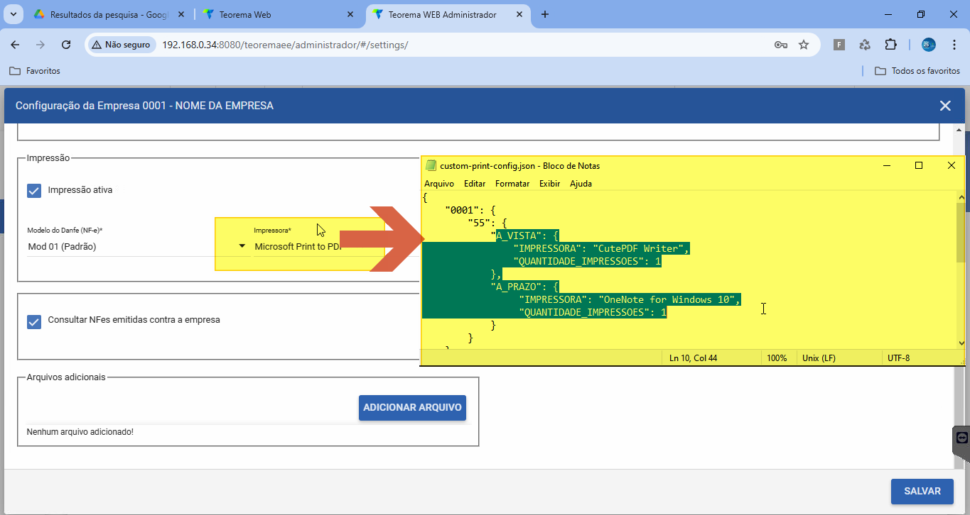 Tela NF-E com sobreposição do custom-print-config.json destacando o bloco A_VISTA com CutePDF Writer e A_PRAZO com OneNote for Windows 10