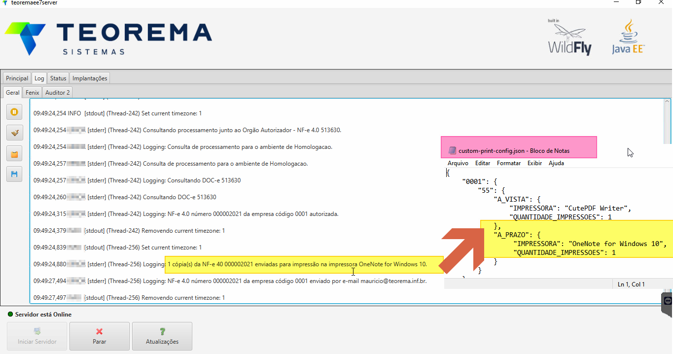 Teoremaee7server na aba Log com mensagem destacada: 1 cópia(s) da NF-e 40 000002021 enviadas para impressão na impressora OneNote for Windows 10; ao lado, custom-print-config.json mostrando A_PRAZO com IMPRESSORA: OneNote for Windows 10