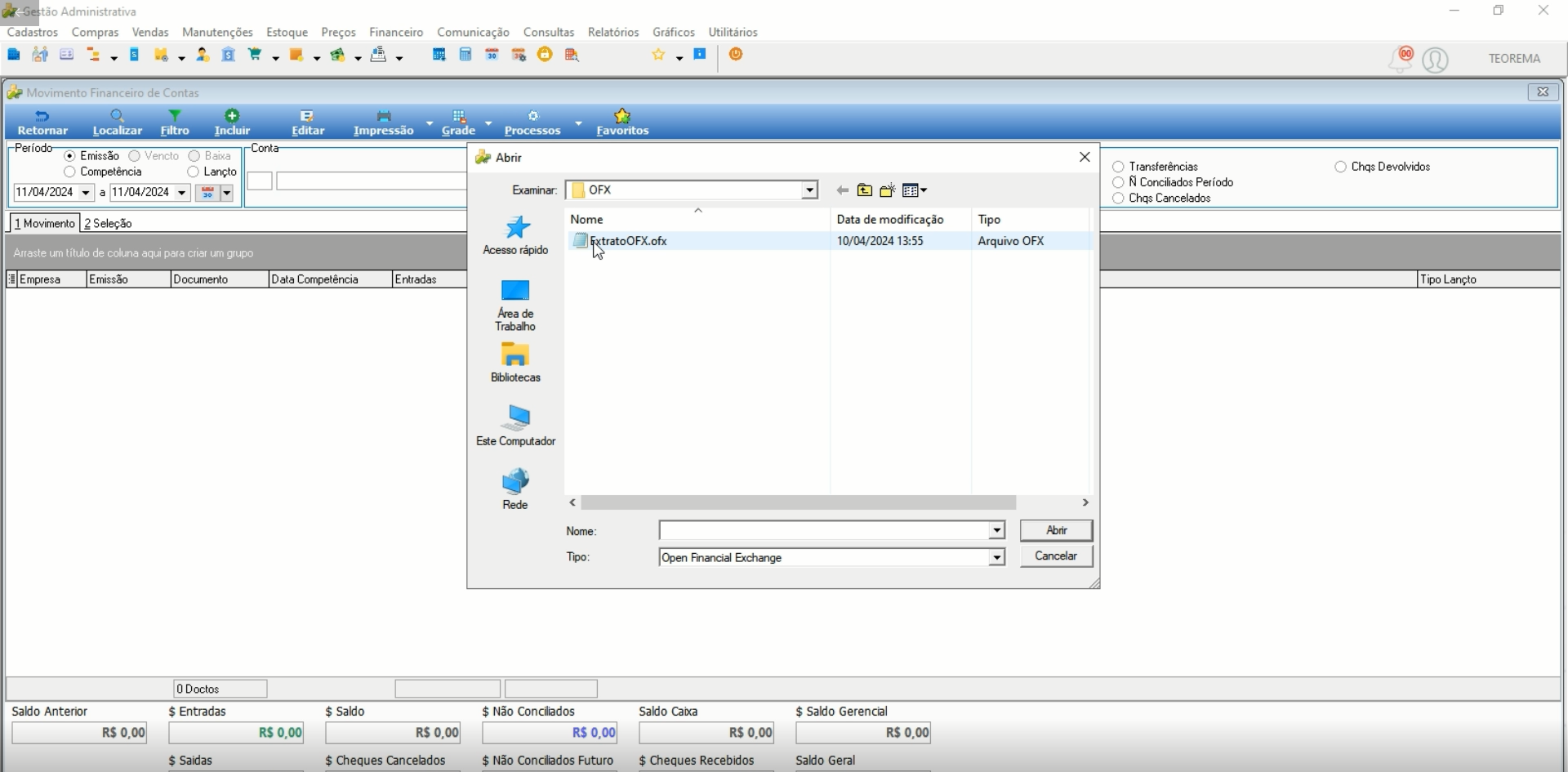 Diálogo "Abrir" com pasta OFX selecionada, arquivo ExtratoOFX.ofx listado e campo Tipo exibindo "Open Financial Exchange"