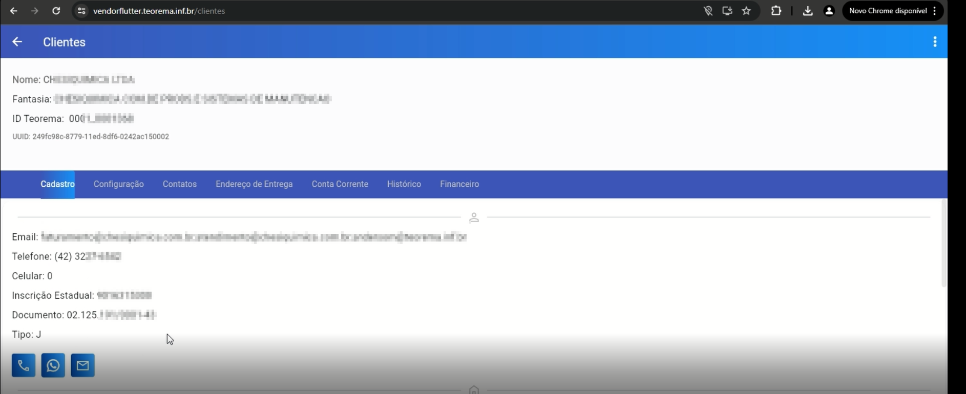 Aba Cadastro da tela Clientes em vendorflutter.teorema.inf.br/clientes com campos Email, Telefone, Celular, Inscrição Estadual, Documento e Tipo, além de botões de ação para ligar, WhatsApp e e-mail