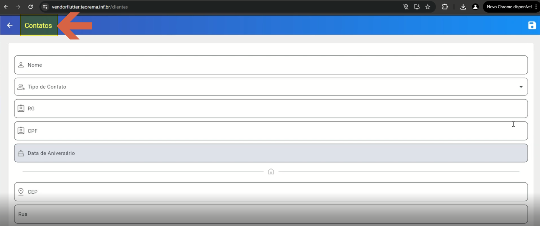 Tela Contatos em vendorflutter.teorema.inf.br/clientes com campos Nome, Tipo de Contato, RG, CPF, Data de Aniversário, CEP e Rua
