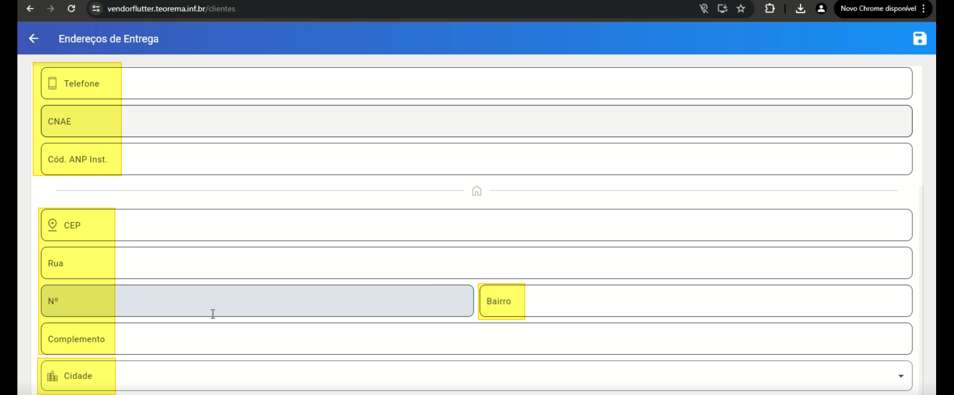 Tela Endereços de Entrega em vendorflutter.teorema.inf.br/clientes com campos Telefone, CNAE, Cód. ANP Inst., CEP, Rua, Nº, Bairro, Complemento e Cidade destacados