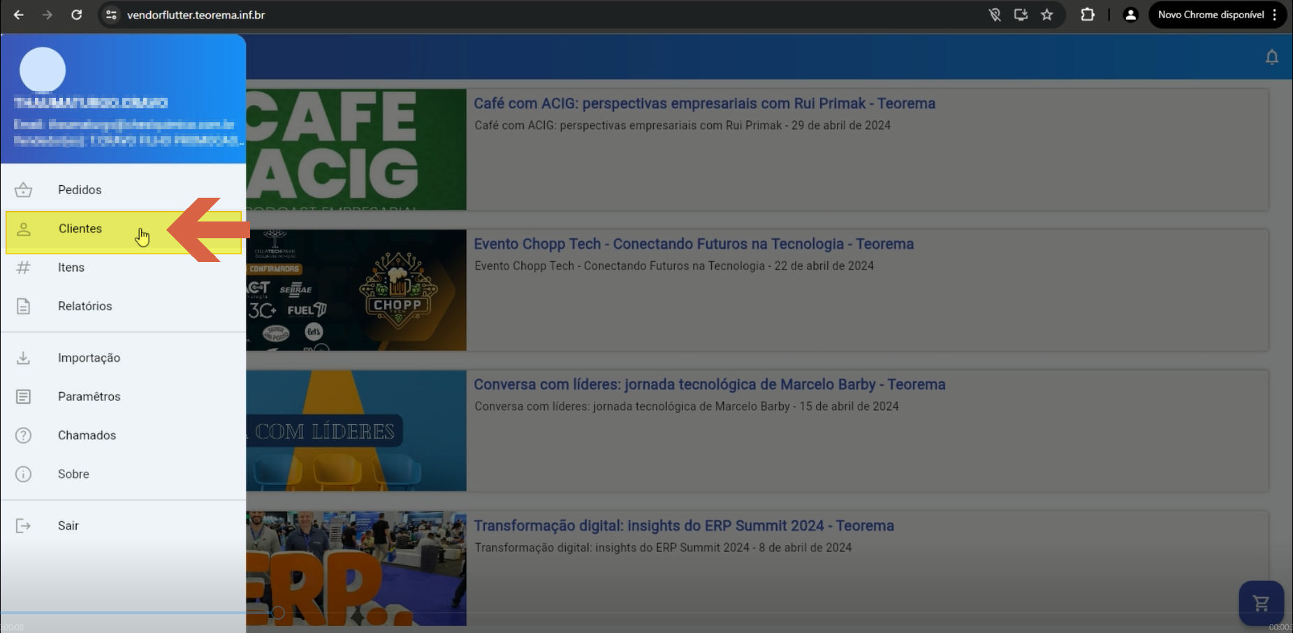 Menu lateral do Vendor Flutter com o item Clientes destacado e selecionado, mostrando a lista de clientes na área principal