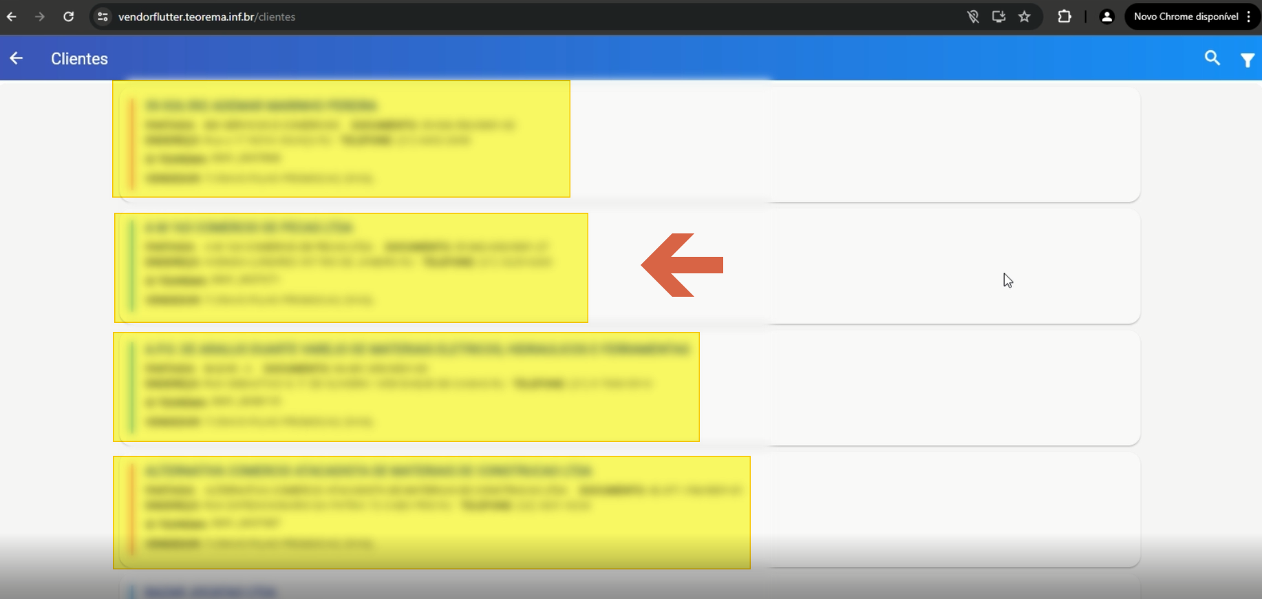 Tela Clientes em vendorflutter.teorema.inf.br/clientes exibindo lista de cartões de clientes; um cartão está selecionado, indicado por seta