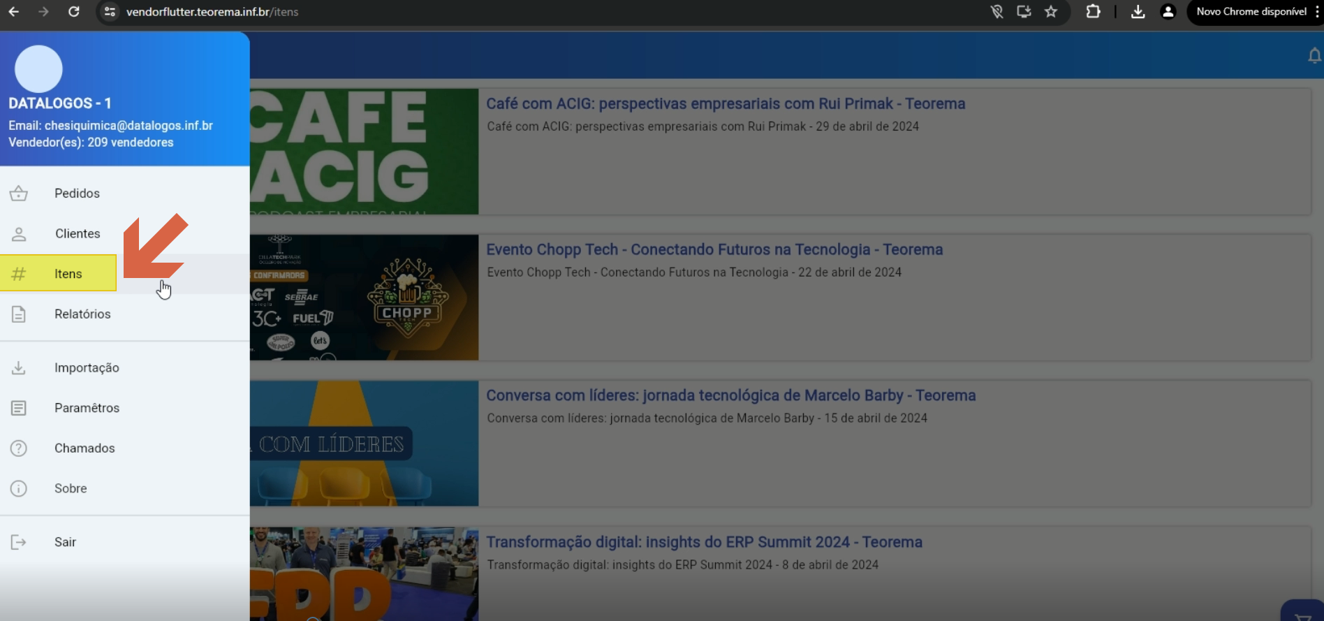Menu lateral do Vendor Flutter com opções Pedidos, Itens (selecionado), Relatórios, Importação, Parâmetros, Chamados e Sobre; painel direito exibe feed de conteúdo