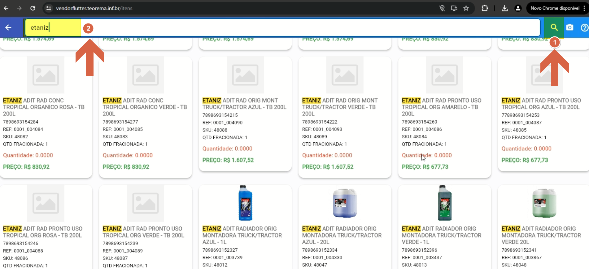 Tela de Itens com barra de pesquisa ativa e campo preenchido com "etaniz"; grade exibe múltiplos produtos da linha ETANZ com nome, referência, SKU, OTO praticada, quantidade e preço