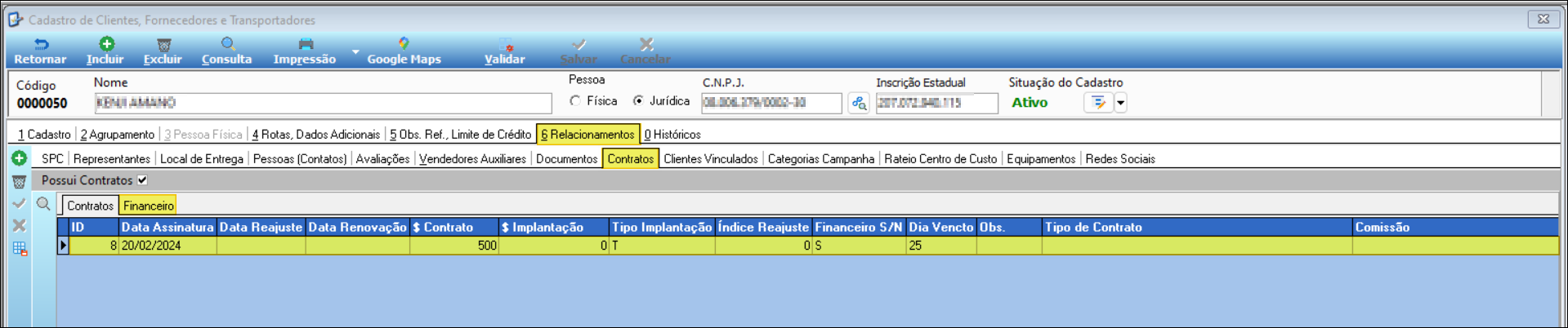 Cadastro de Clientes, Fornecedores e Transportadores com aba "6 Relacionamentos" e subaba "Contratos" aberta, exibindo grade com colunas ID, Data Assinatura, Data Reajuste, Data Renovação, $ Contrato, $ Implantação, Tipo Implantação, Índice Reajuste, Financeiro S/N, Dia Vencto, Obs., Tipo de Contrato e Comissão, e a aba "Financeiro" ao lado da aba "Contratos"