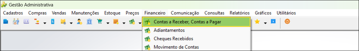 Menu Financeiro do Gestão Administrativa com opção "Contas a Receber, Contas a Pagar" destacada