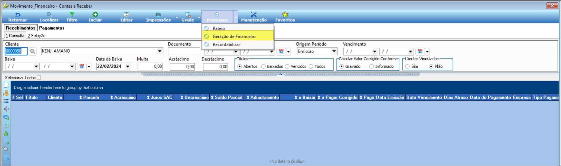 Tela Movimento_Financeiro - Contas a Receber com menu "Processos" aberto e opção "Geração de Financeiro" destacada; campos Cliente preenchido com código 0000050, filtros de Títulos, Baixa e Vencimento visíveis