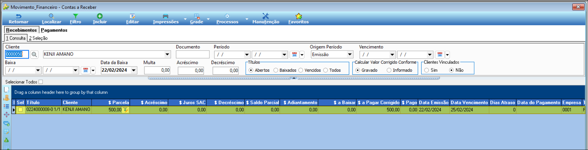 Tela Movimento_Financeiro - Contas a Receber com título 0224000008-0 1/1 do cliente KENJI AMANO listado na grade, parcela R$ 500,00, Data Vencimento 25/02/2024