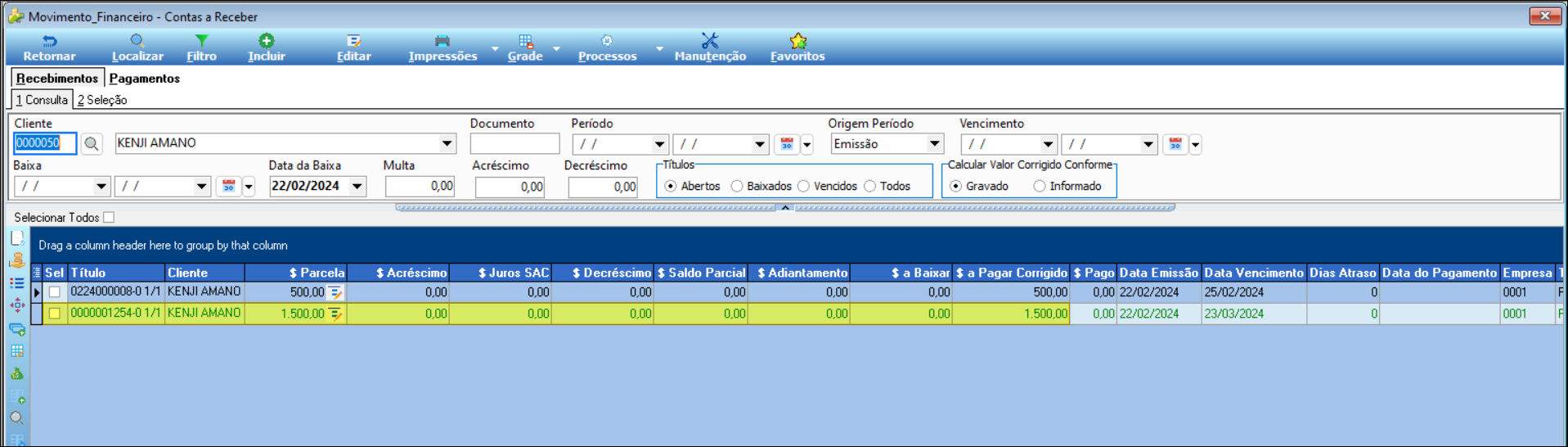 Tela Movimento_Financeiro - Contas a Receber listando dois títulos do cliente KENJI AMANO: 0224000008-0 1/1 (R$ 500,00, vencimento 25/02/2024) e 0000001254-0 1/1 (R$ 1.500,00, vencimento 23/03/2024)