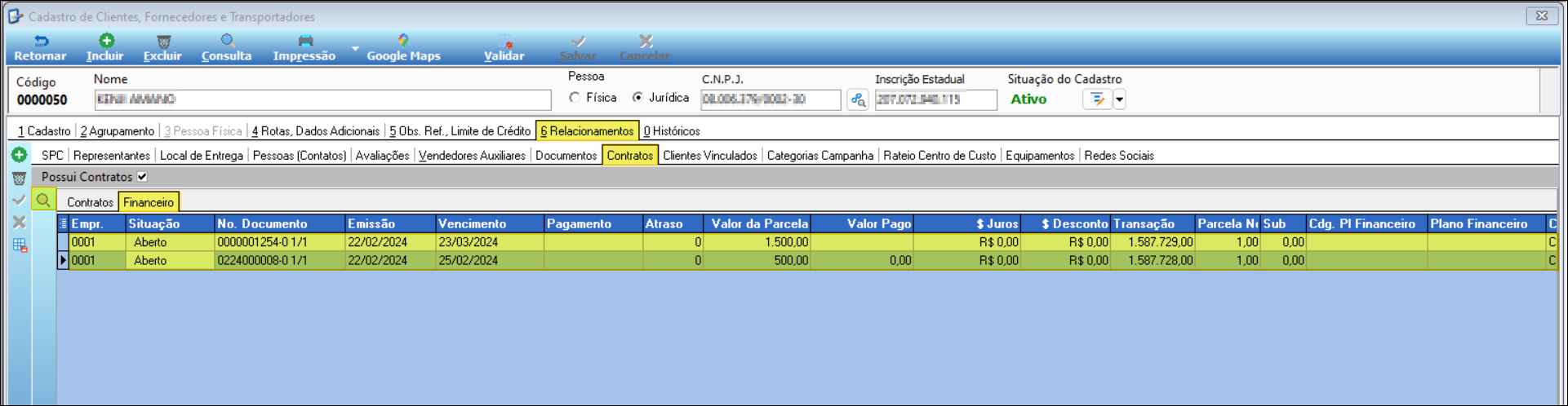 Cadastro de Clientes, Fornecedores e Transportadores, subaba Financeiro do contrato, exibindo dois registros: 0000001254-0 1/1 Aberto, Vencimento 23/03/2024, Valor da Parcela 1.500,00; e 0224000008-0 1/1 Aberto, Vencimento 25/02/2024, Valor da Parcela 500,00