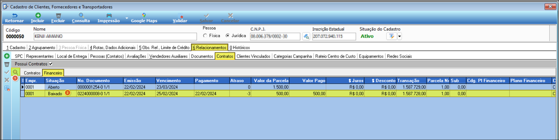 Cadastro de Clientes, Fornecedores e Transportadores, subaba Financeiro do contrato, exibindo: 0000001254-0 1/1 Aberto, Vencimento 23/03/2024, Valor da Parcela 1.500,00; e 0224000008-0 1/1 Baixado, Vencimento 25/02/2024, Valor da Parcela 500,00, Valor Pago 500,00, Atraso -3