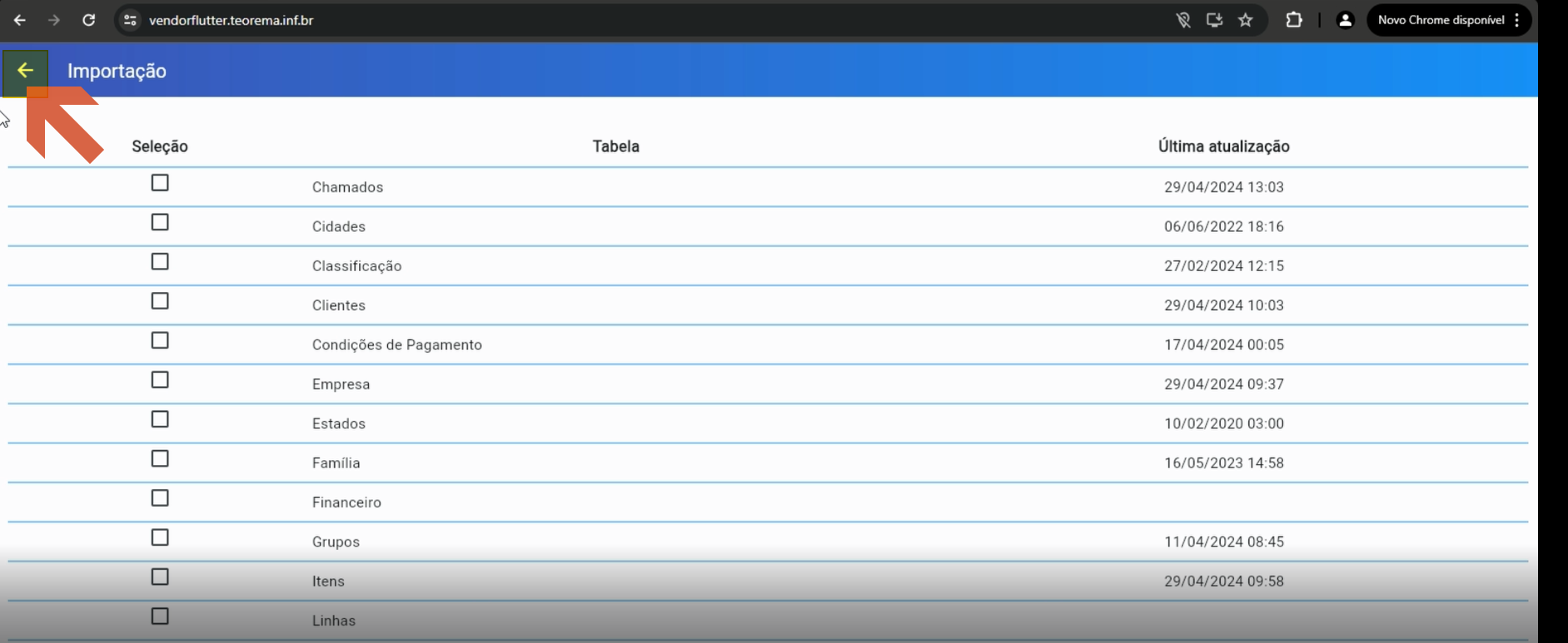 Tela de Importação do Vendor Flutter com todas as tabelas sincronizadas e datas de última atualização visíveis; seta de voltar destacada no canto superior esquerdo
