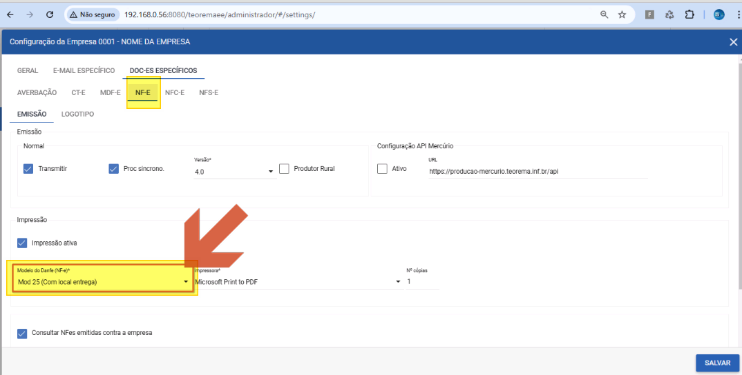 Configuração da Empresa 0001 — aba DOC-ES ESPECÍFICOS, subaba NF-E, seção Impressão com campo "Modelo do Danfe (NF-e)" selecionado como "Mod 25 (Com local entrega)"