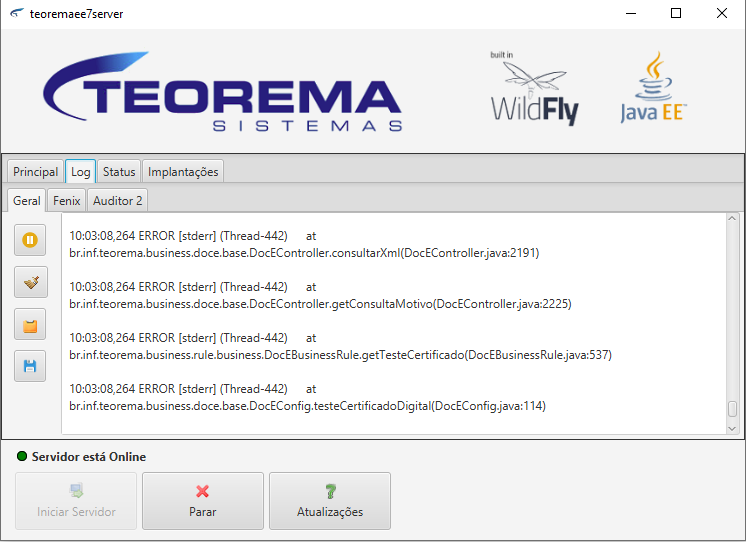 Aplicativo teoremaee7server com indicador "Servidor está Online" e botões Parar e Atualizações habilitados