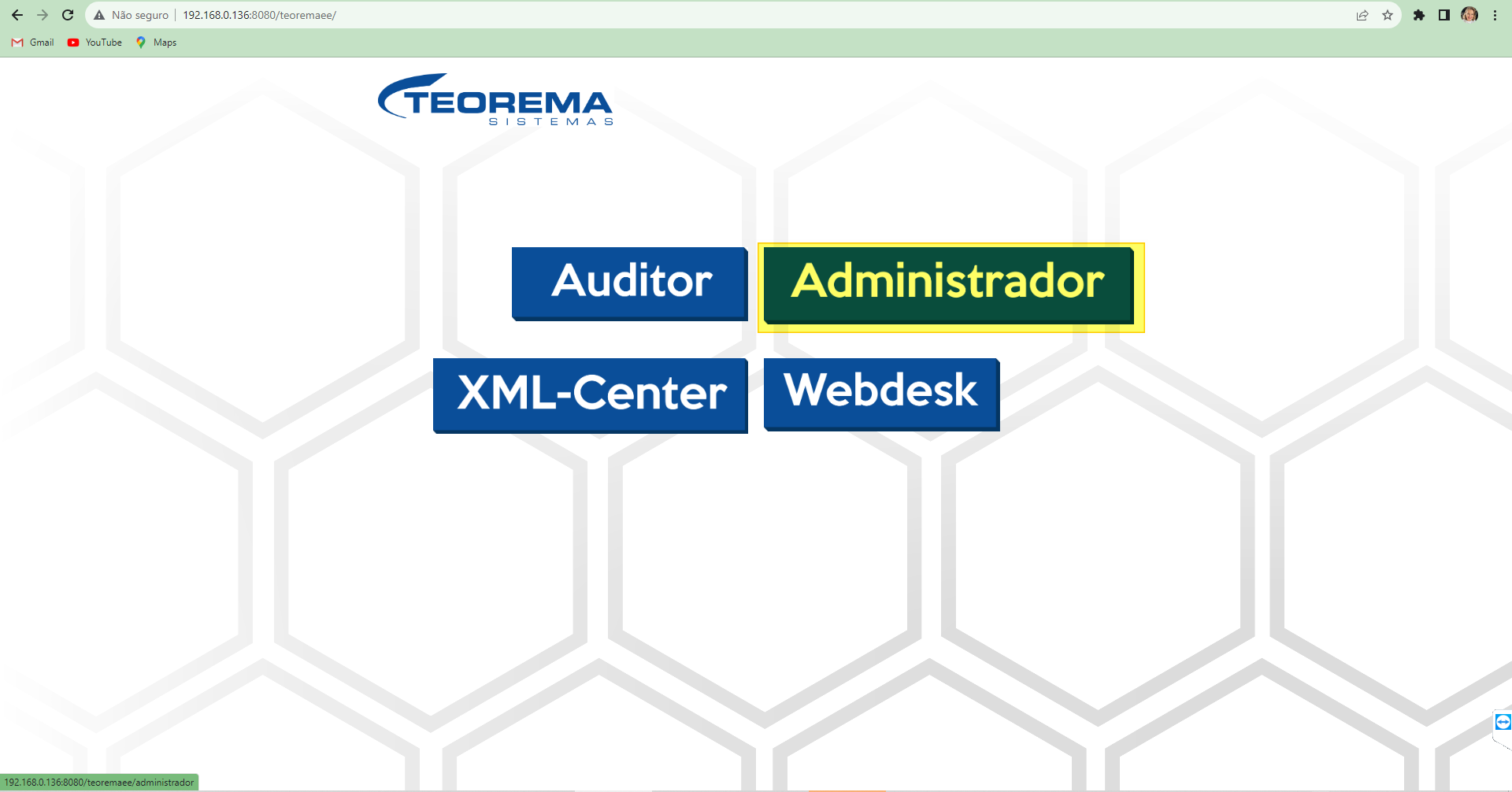 Página inicial do sistema Teorema no navegador com botões Auditor, Administrador, XML-Center e Webdesk; Administrador destacado