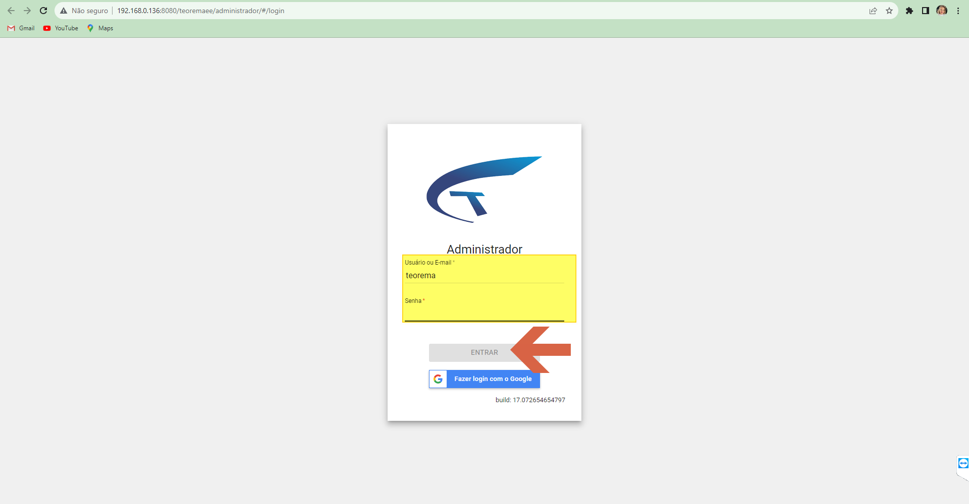 Tela de login do Administrador com campos Usuário ou E-mail e Senha e botão Entrar