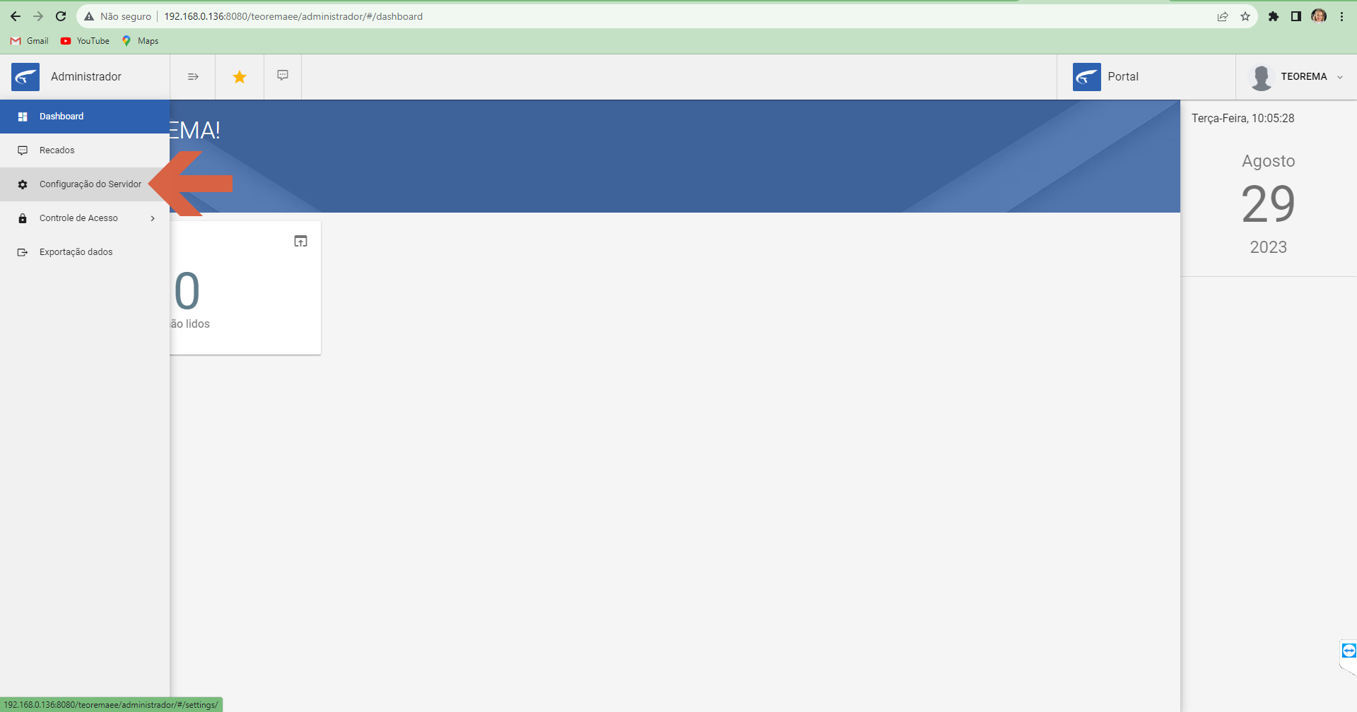 Dashboard do Administrador com menu lateral expandido; item Configuração do Servidor em destaque