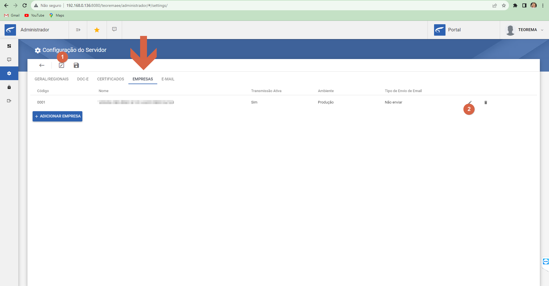 Tela Configuração do Servidor, aba Empresas, com lista de empresas e ícone de edição destacado na linha da empresa 0001
