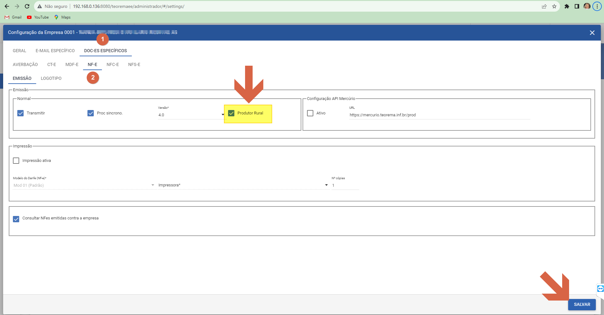 Janela Configuração da Empresa, aba DOC-ES Específicos, subaba NF-E, subaba Emissão; checkbox Produtor Rural marcado e botão Salvar destacado