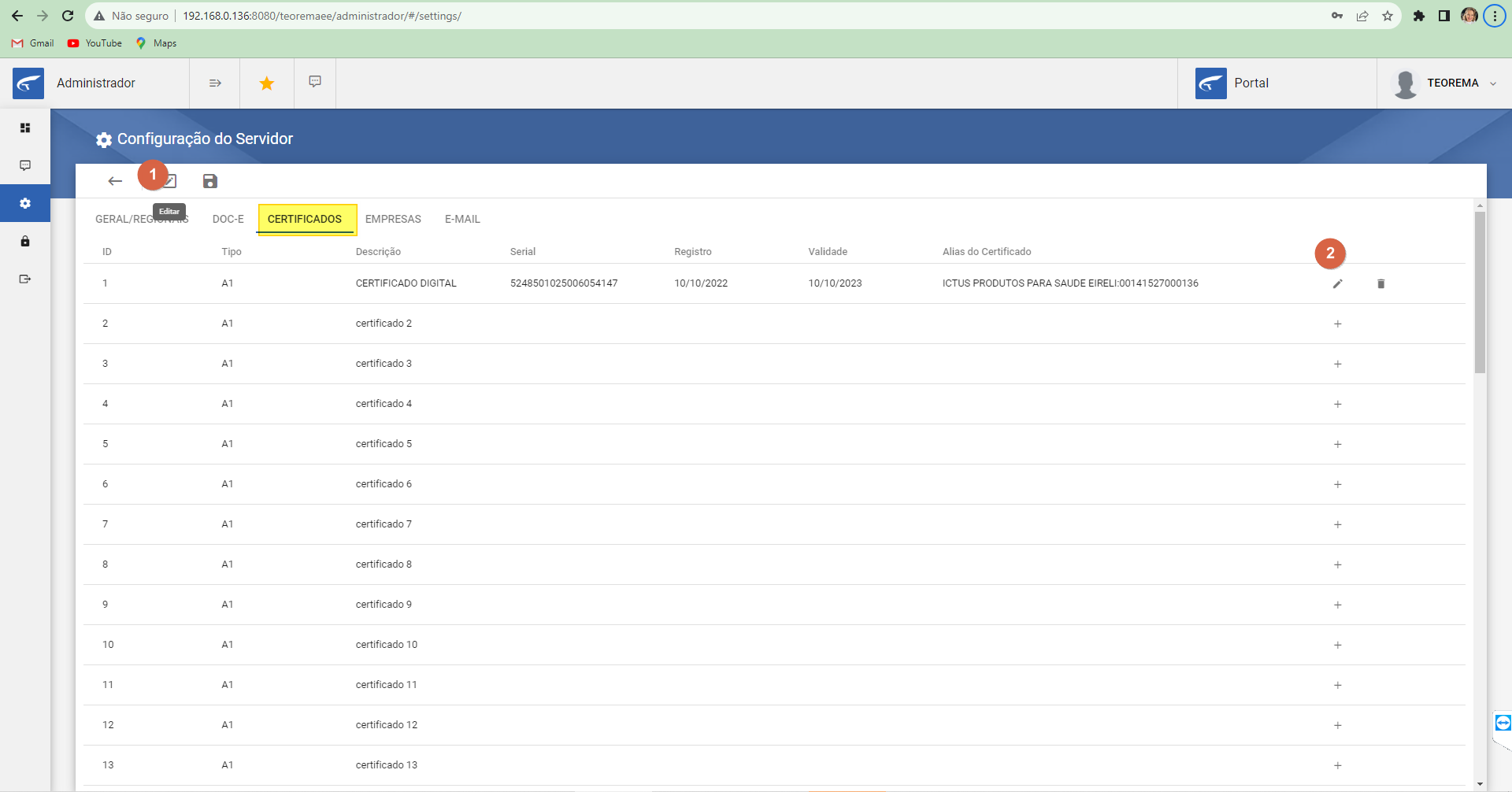 Tela Configuração do Servidor, aba Certificados, com lista de certificados e ícone de edição destacado na linha do certificado ID 1 — CERTIFICADO DIGITAL