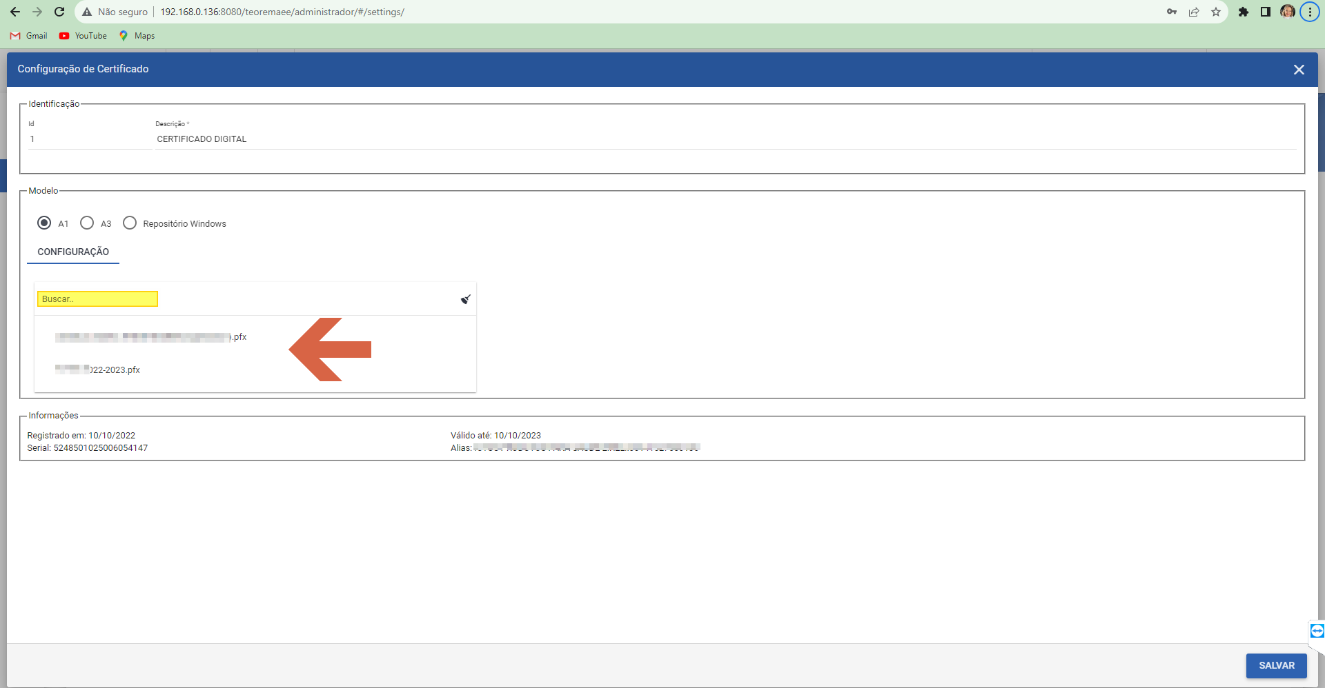 Janela Configuração de Certificado com campo Buscar e lista de arquivos .pfx disponíveis; arquivo correto indicado