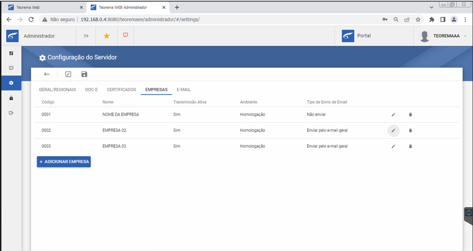 Tela Configuração do Servidor com a aba Empresas selecionada, exibindo lista de empresas (0001 NOME DA EMPRESA, 0002 EMPRESA 02, 0003 EMPRESA 03) com colunas Código, Nome, Transmissão Ativa, Ambiente (Homologação) e Tipo de Envio de Email