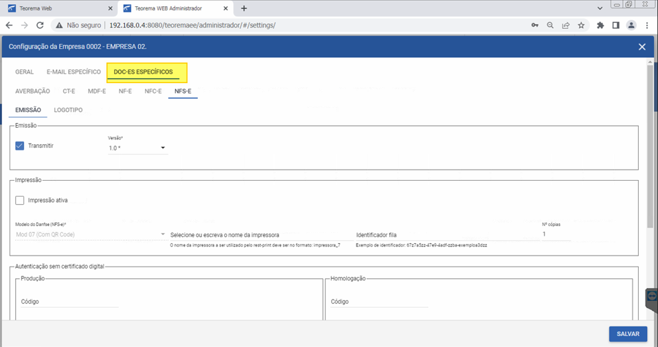 Janela Configuração da Empresa 0002 com a aba DOC-ES ESPECÍFICOS selecionada (destacada em amarelo) e a subaba NFS-E ativa; seção Emissão com checkbox Transmitir marcado e campo Versão preenchido com 1.0; seção Impressão com checkbox Impressão ativa; seção Autenticação sem certificado digital exibindo campos Código para Produção e Homologação; botão Salvar
