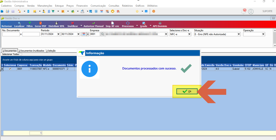 Caixa de diálogo "Informação" com a mensagem "Documentos processados com sucesso." e botão Ok destacado