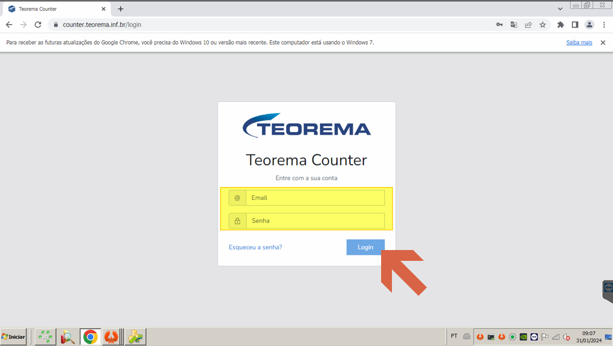 Tela de login do Teorema Counter com campos Email e Senha e botão Login