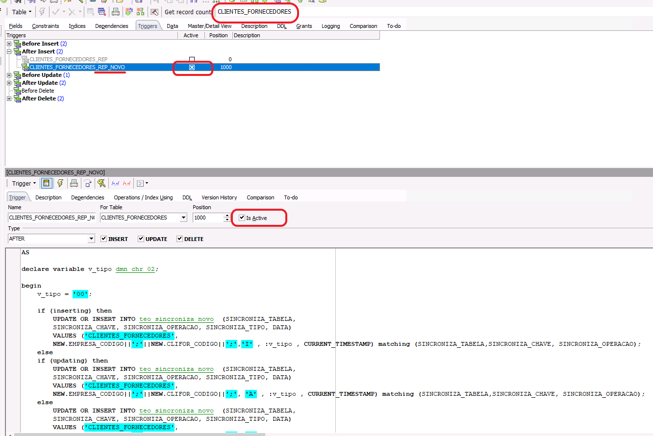 IBExpert — trigger CLIENTES_FORNECEDORES_REP_NOVO na tabela CLIENTES_FORNECEDORES, marcado como Is Active, com código de sincronização para INSERT, UPDATE e DELETE