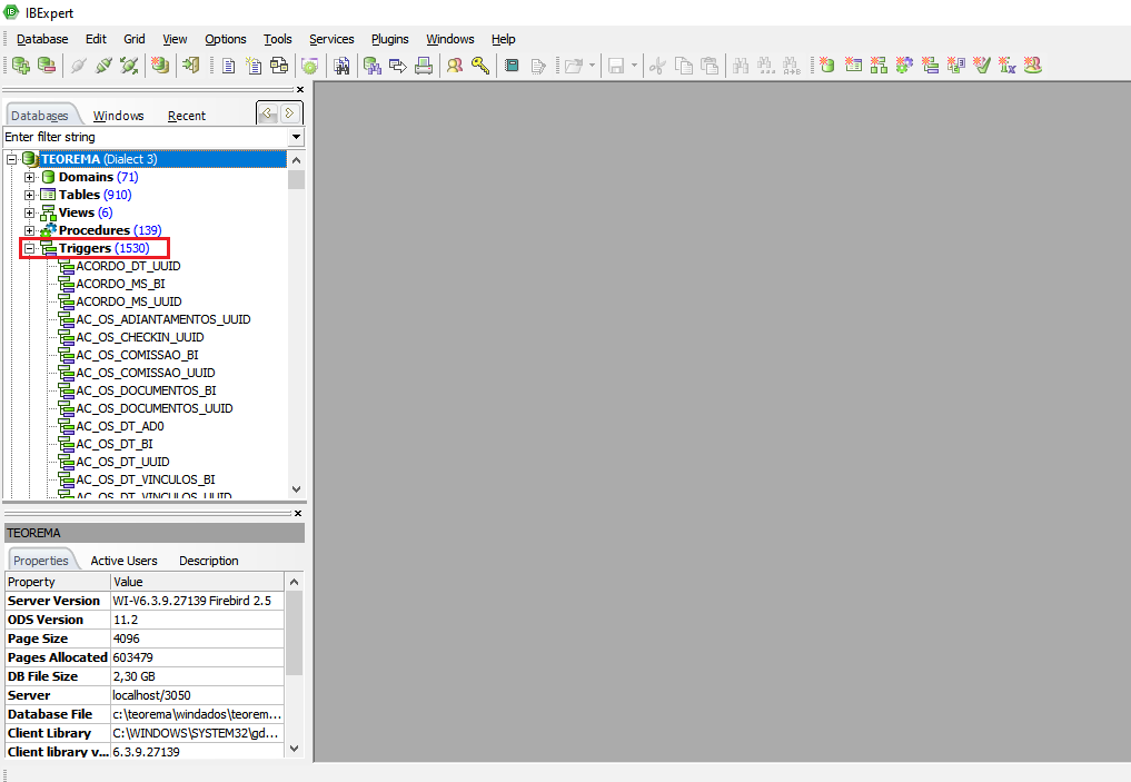 IBExpert — banco TEOREMA conectado ao localhost:3050 com Triggers expandido mostrando 1530 triggers