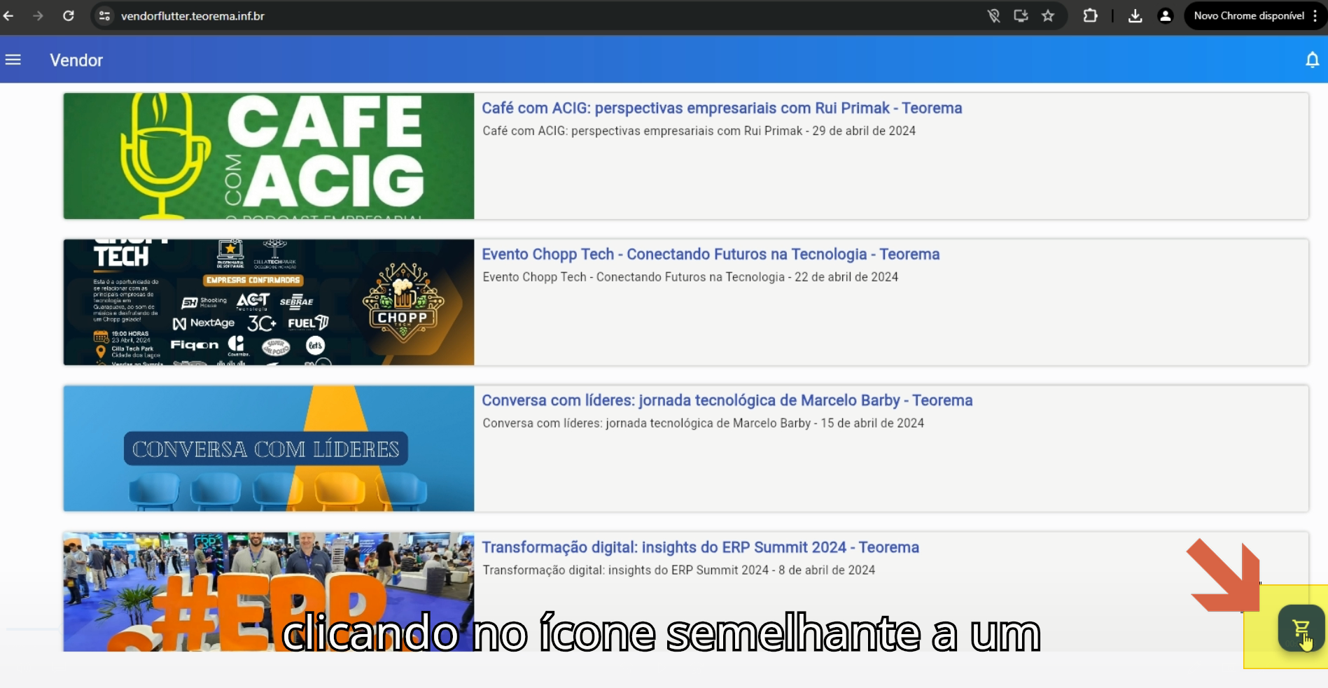 Tela inicial do Vendor Flutter com destaque no ícone de carrinho de compras no canto inferior direito