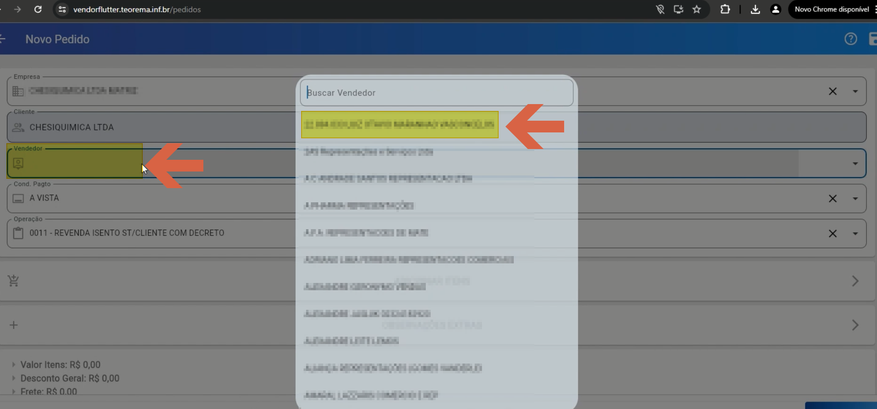Tela Novo Pedido com modal "Buscar Vendedor" aberto e o vendedor padrão destacado na lista de resultados