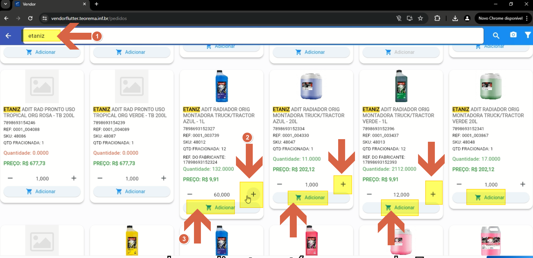 Tela de busca de itens com produtos listados em grade, campo de pesquisa preenchido com "etanz", botões Adicionar em cada item e indicadores numéricos de passos (1), (2) e (3)